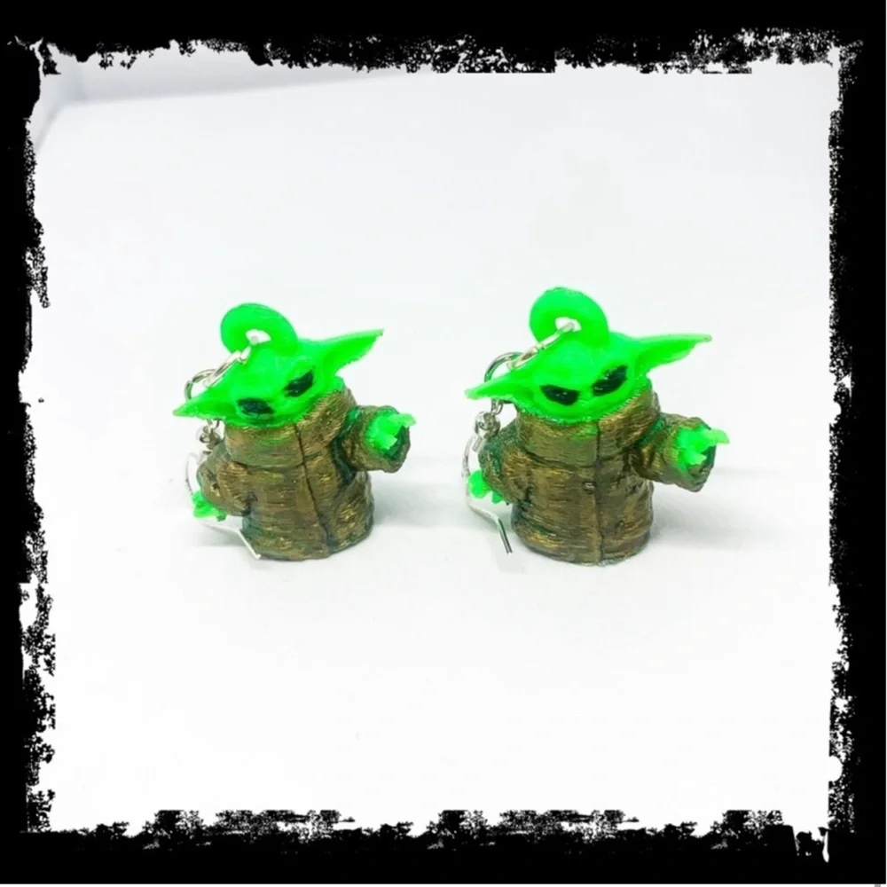 New S925 Sterling Silver Handmade Baby Yoda Earrings 3D Printed Hand Painted